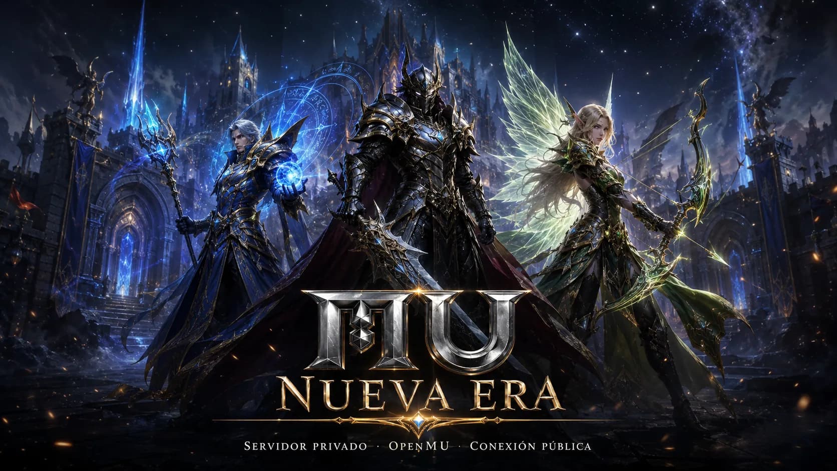 Guerreros de Mu Nueva Era frente a una ciudad fantástica iluminada por magia azul.